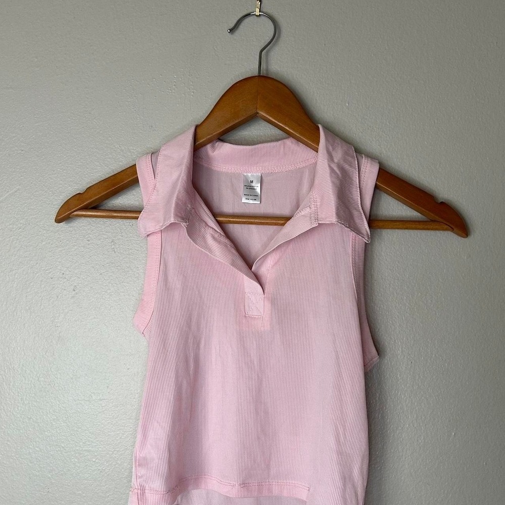 Cute Coquette Casual Summer Beach Bum Dainty Baby Pink Collared Crop Top - Picture 3 of 6